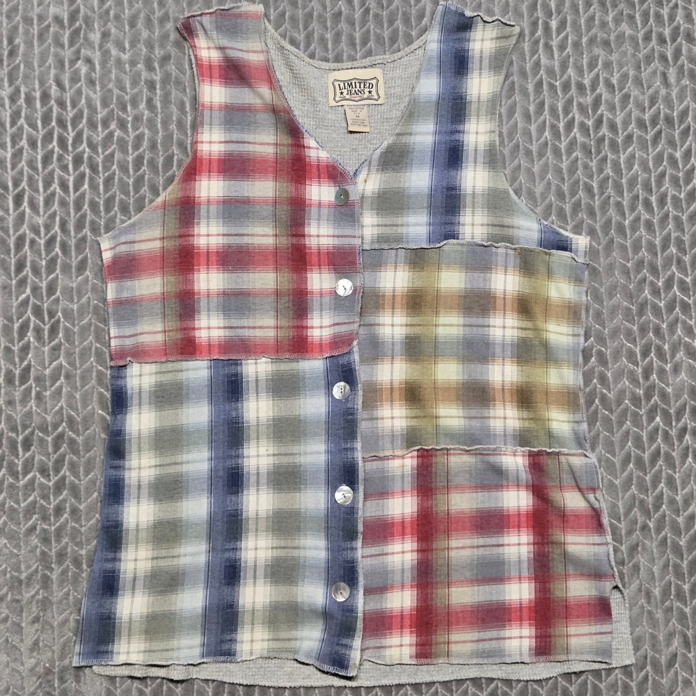 Limited Jeans Womens Plaid Patchwork Waffle Knit Vest Grey Red Blue Medium USA